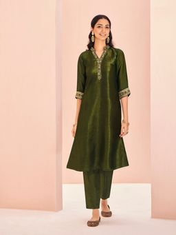 Odette - Olive Organza Embroidered Kurta and Pant (Set of 2)