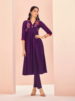 Odette - Purple Chinon Embroidered Kurta and Pant (Set of 2)