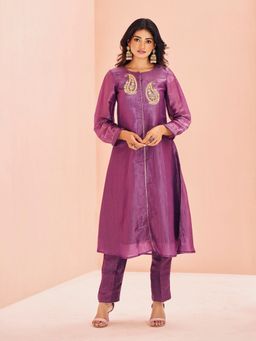 Odette - Purple Organza Embroidered Kurta and Pant (Set of 2)
