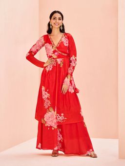 Odette - Red Chinon Embroidered Kurta and Pant (Set of 2)