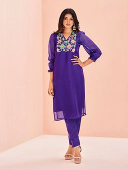 Odette - Purple Organza Embroidered Kurta and Pant (Set of 2)