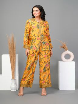 KAFTANIZE - Mustard Yellow Floral Embroidered Printed Muslin Co-Ord (Set of 2)