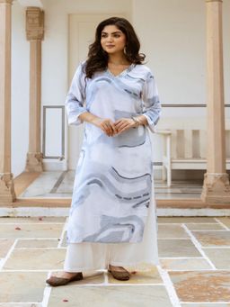 KAFTANIZE - White & Grey Rayon Marble Dye Printed Kurta with Palazzo (Set of 2)