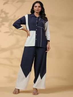 KAFTANIZE - Navy Blue and White Motif Sequence Rayon Flex Co-Ord (Set of 2)
