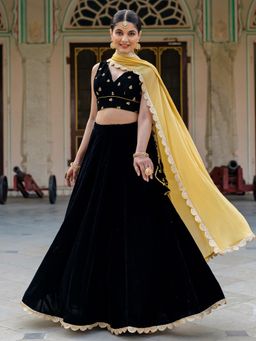Kasya - Black Velvet Embroidered Lehenga Choli with Najneen Dupatta (Set of 3)