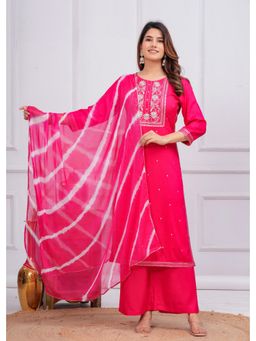 Meeranshi - Pink Rayon Sulb Embroidered Kurta and Pant with Tie-Dye Dupatta (Set of 3)