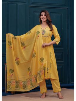 Meeranshi - Mustard Cotton Dobby Hand Block Printed Kurta Trouser and Dupatta (Set of 3)