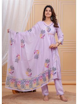 Meeranshi - Lavender Cotton Dobby Hand Block Printed Kurta Trouser and Dupatta (Set of 3)