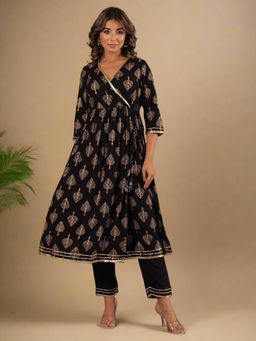 Kasya - Black Gold Printed Angarkha Style Flared Kurta with Gathers and Narrow Pant (Set of 2)