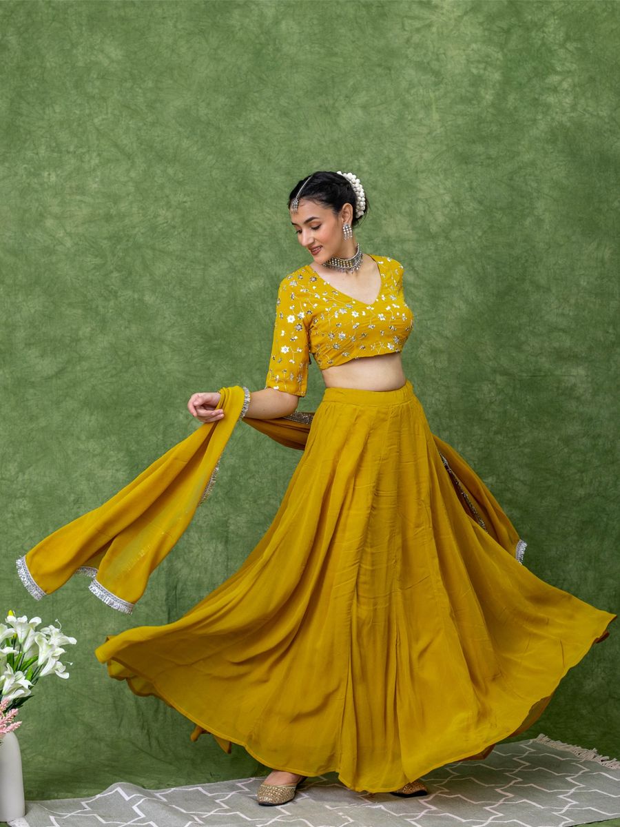 Mustard Yellow Sequin Embroidered Blouse and Solid Lehenga with Dupatta