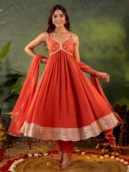 Kasya - Rust Silk Blend Embroidered Kurta with Najneen Dupatta (Set of 3)