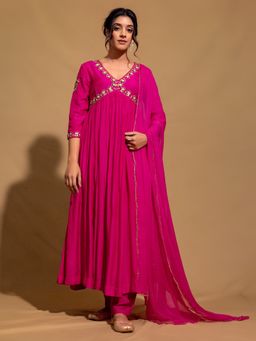 Kasya - Pink Muslin Embroidered V-Neck Kurta and Pant with Dupatta (Set of 3)