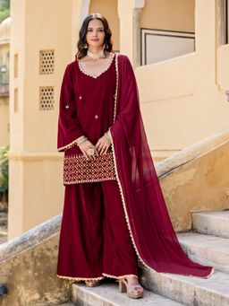 Kasya - Red Velvet Golden Thread Embroidered Kurta and Pant with Dupatta (Set of 3)