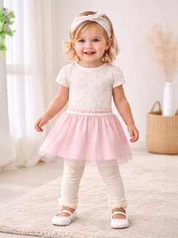 Mi Arcus - Cream Printed Dress with Leggings and Headband