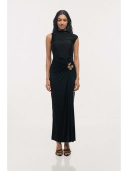 SOTBELLA - Bloom Black Flared with Sun Brooch Maxi Dress