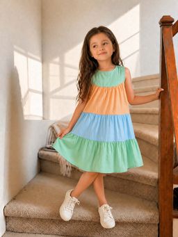 Shopbloom - Girls Multi-Color Pastel Tiered Colorblock Dress