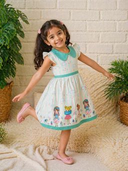 Shopbloom - Girls Off White-Green Lets Go Shopping Printed Dress