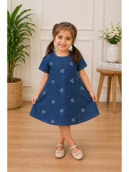 Shopbloom - Girls Blue Denim Heart Printed Dress
