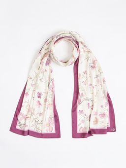 FableStreet - Satin Floral Long Scarf - Off White