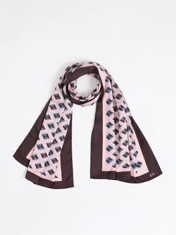 FableStreet - Satin Printed Long Scarf - White & Brown
