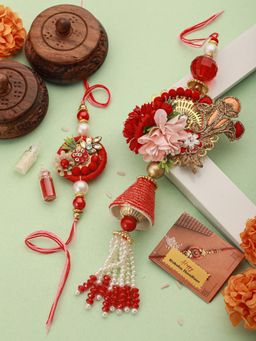 Saraf RS Jewellery - Designer Red Kundan Zardozi Rakhi with Lumba & Roli Chawal