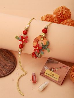 Saraf RS Jewellery - Orange Red Flower Beaded Handcrafted Rakhi with Lumba & Roli Chawal
