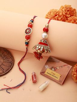 Saraf RS Jewellery - Designer Red Kundan & Pearl Handcrafted Rakhi with Lumba & Roli Chawal