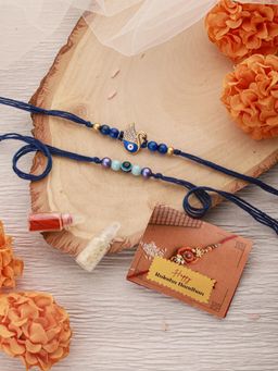 Saraf RS Jewellery - Evil Eye Crystal Beaded Swan Blue Thread Rakhi's with Roli Chawal (Pack of 2)