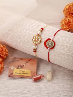Saraf RS Jewellery - Kundan Studded & Pearl Beaded Thread Rakhi's with Roli Chawal (Pack of 2)