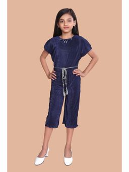 TINY GIRL - Half Sleeves Rose Applique Pleated Jumpsuit & Belt -Navy Blue (Set of 2)