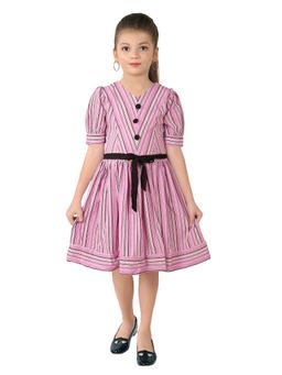 TINY GIRL - Half Sleeves Striped Designed Flared Dress & Belt - Purple (Set of 2)