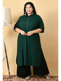 Desi Noor - Plus Size Pretty Pathani Bottle Green Kurta Palazzo (Set of 2)