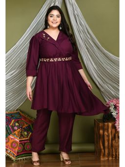 Desi Noor - Plus Size Purple Kurta Pant with Belt (Set of 3)