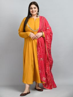 Desi Noor - Plus Size Mustard Mirror Anarkali Kurta with Sequin Dupatta (Set of 2)