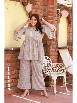 Desi Noor - Plus Size Beige Printed Top Palazzo (Set of 2)