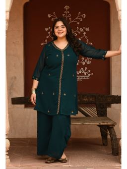 Desi Noor - Plus Size Teal Green Cut Dana Kurta Palazzo (Set of 2)