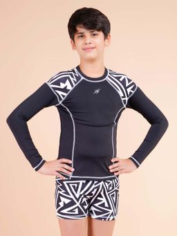 Keepfit - Black Printed Full Sleeves Designer Swimwear for boys