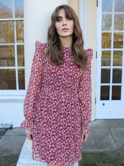 Trendyol - Red Floral Frill Sleeve L Shift Dress