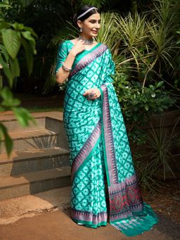 Akhilam - Women Crepe Green Digital Print Designer Saree with Unstitched Blouse