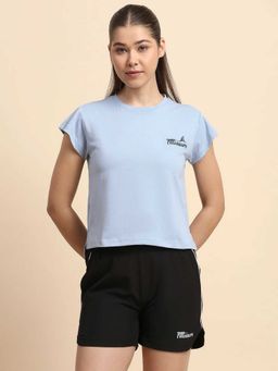 Fitleasure - Blue Solid Cotton Blend Regular T-shirt