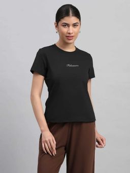 Fitleasure - Black Solid Cotton Blend Regular T-shirt