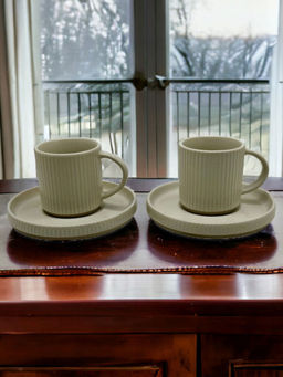 WAABI-SAABI - 4Pcs Earthern Stoneware Tea Coffee Cups with Saucers White
