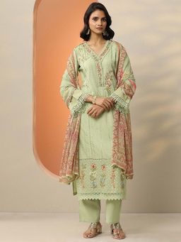 Libas Art - Embroidered Cotton Blend Straight Kurta Pant with Dupatta