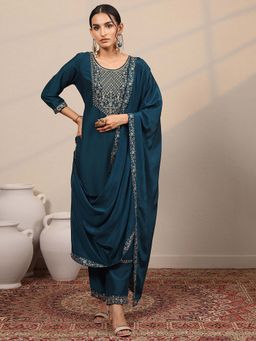 Libas - Yoke Design Silk Blend Straight Kurta Pant with Dupatta