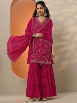 Libas - Embroidered Chinon Straight Kurta Sharara with Dupatta