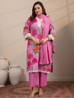 Extra love by Libas - Printed Cotton Blend Straight Kurta Pant with Dupatta
