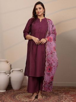 Extra love by Libas - Plus Size Women Printed Design Silk Blend Straight Kurta Palazzo with Dupatta
