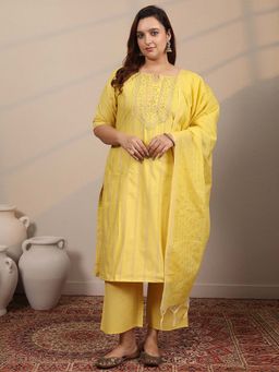 Extra love by Libas - Embroidered Cotton Blend Straight Kurta Pant with Dupatta