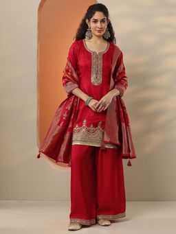 Libas Art - Embroidered Silk Blend Straight Kurta Palazzo with Dupatta