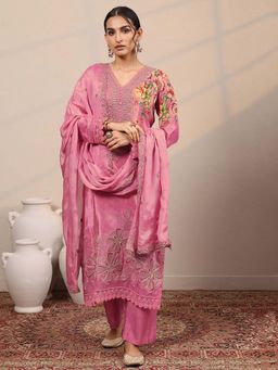 Libas Art - Embroidered Silk Crepe Straight Kurta Pant with Dupatta